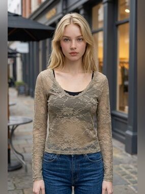 A Rare Bird Vintage Sheer STRETCHY Lace Sand Long-Sleeve Top NEW FALL-WINTER
